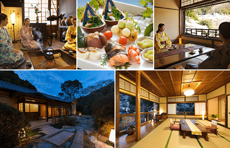 Nhà truyền thống Nhật Bản với phòng Tatami, món ăn sushi và trải nghiệm trà đạo trong không gian yên bình.