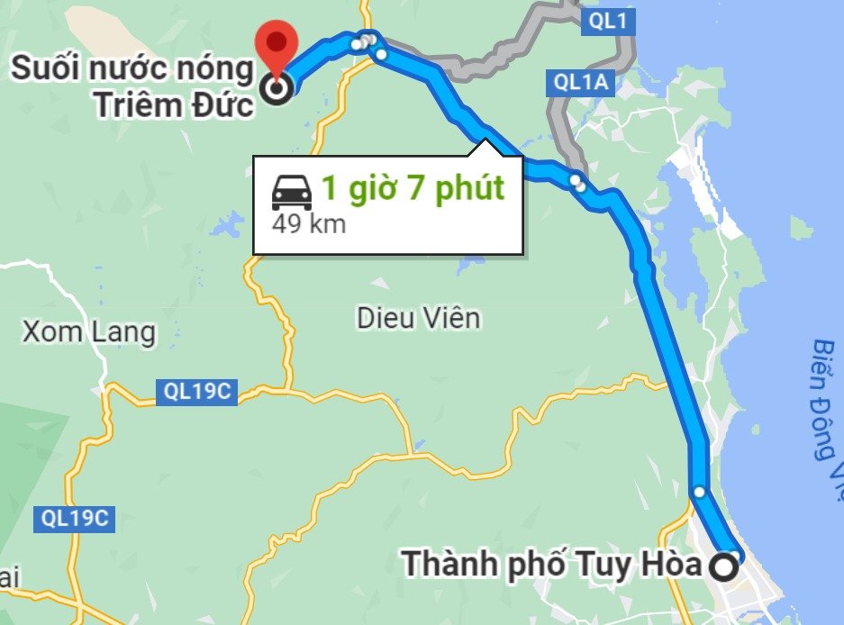 Bản đồ lộ trình từ Tuy Hòa đến suối nước nóng Triêm Đức, khoảng cách 49 km, thời gian di chuyển 1 giờ 7 phút.