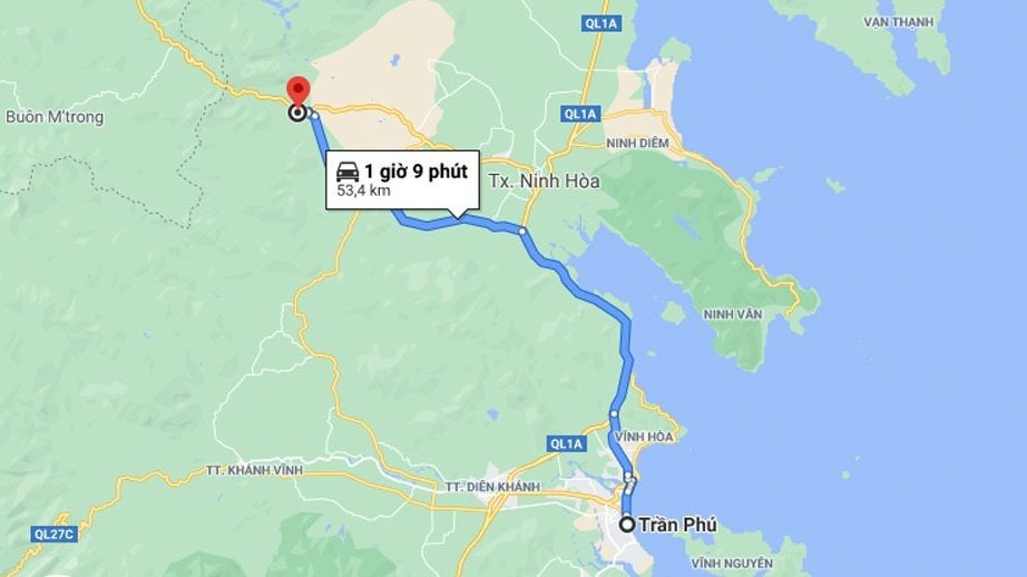 Bản đồ hành trình từ Trần Phú đến điểm cuối tại Tây Nguyên, thời gian di chuyển 1 giờ 9 phút, khoảng cách 53,4 km.