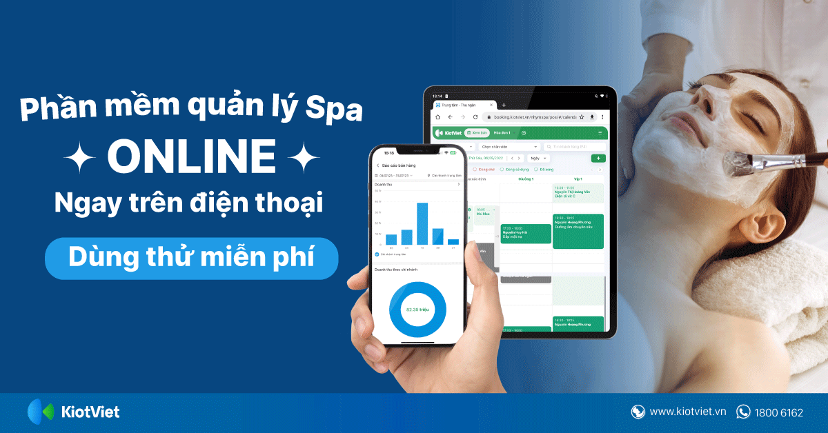 Phần mềm quản lý Spa online trên điện thoại, dùng thử miễn phí. Hình ảnh màn hình điện thoại và máy tính bảng.
