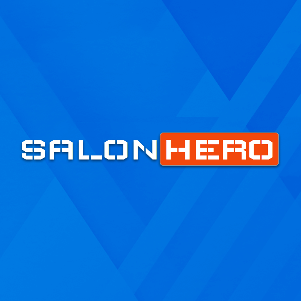 Logo Salon Hero trên nền xanh dương, chữ Salon trắng và Hero đỏ nổi bật.