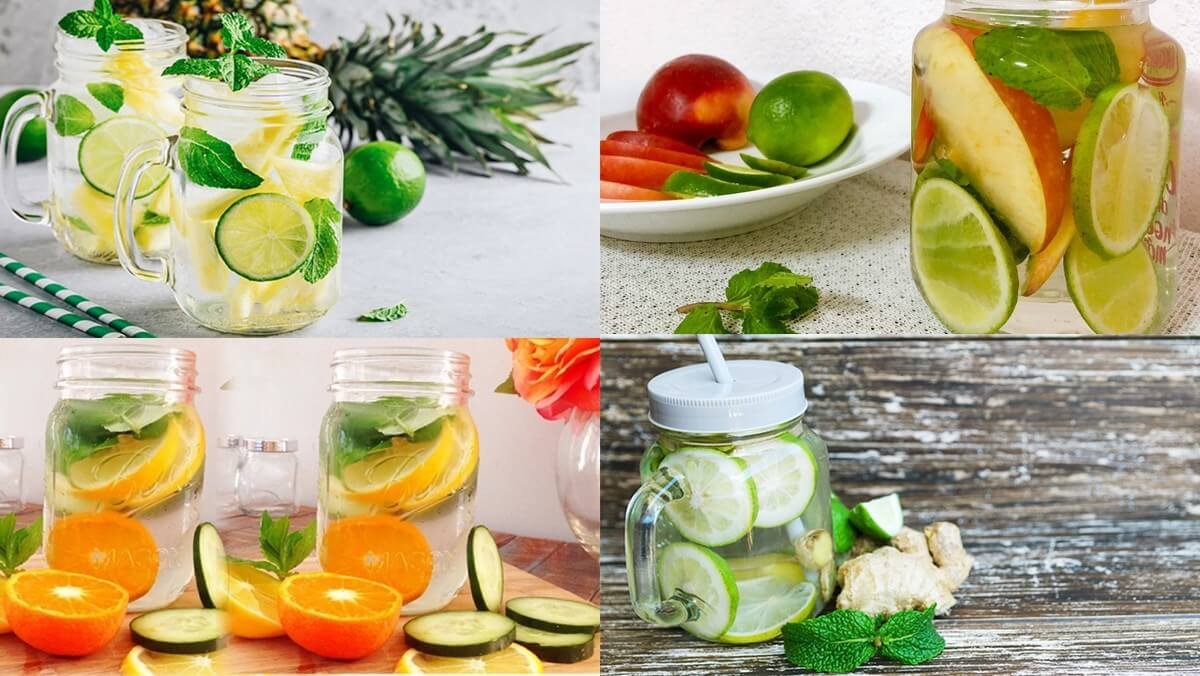 Đồ uống detox trái cây với chanh, dứa, cam, dưa leo và bạc hà tươi mát trong bình thủy tinh.