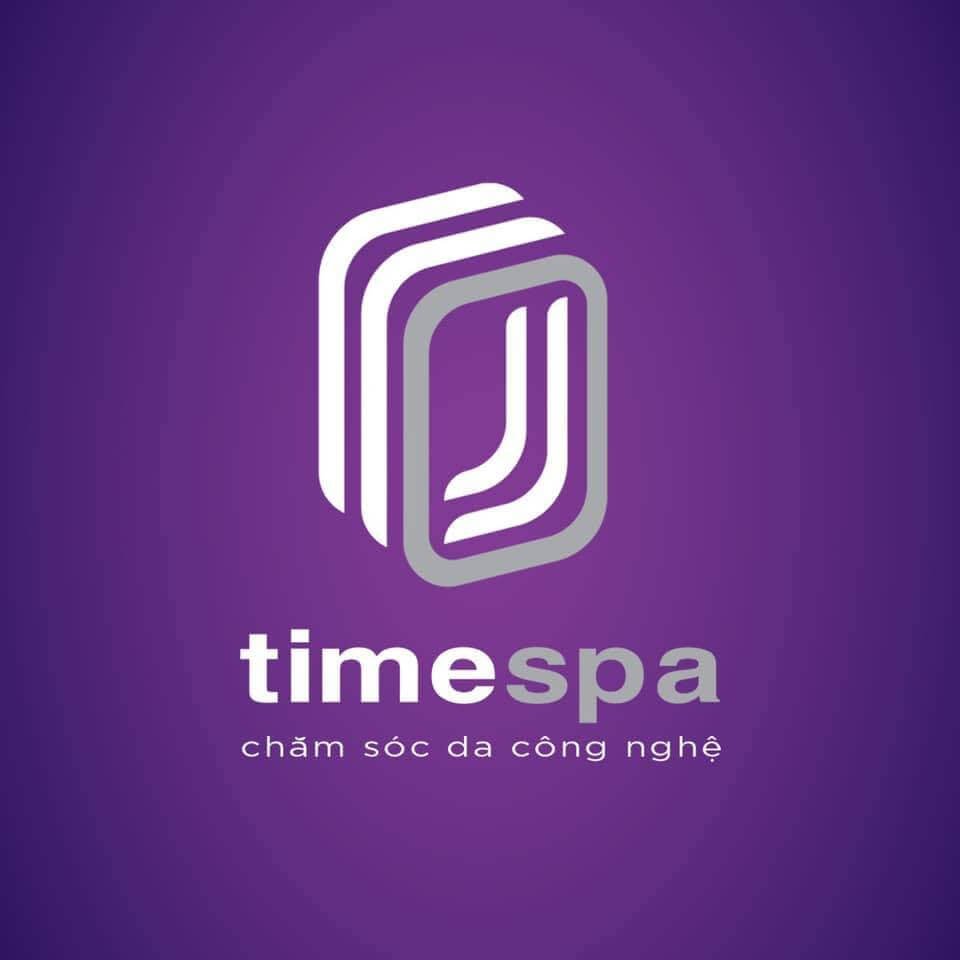 Logo Timespa trên nền tím, slogan chăm sóc da công nghệ, biểu tượng hình học hiện đại, phong cách tối giản.