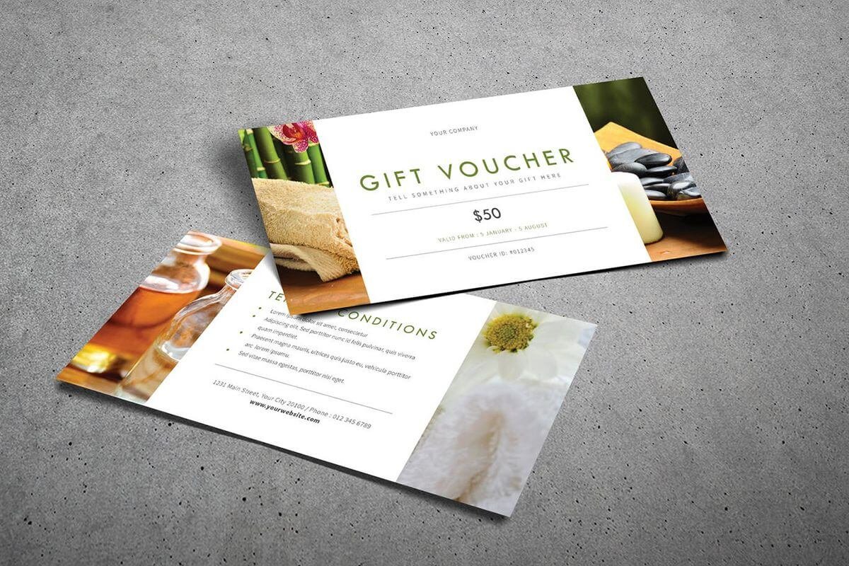 Phiếu quà tặng spa 50 đô la, thiết kế tinh tế với đá và hoa trên nền xám.