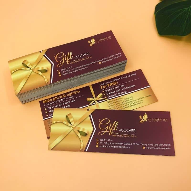 Voucher quà tặng An Nhiên Spa màu vàng nâu, cung cấp dịch vụ chăm sóc da miễn phí.