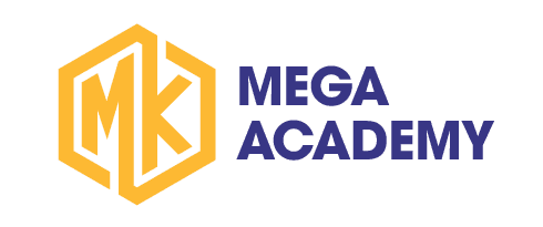 Logo Mega Academy với chữ MK vàng cạnh chữ tên học viện xanh đen.