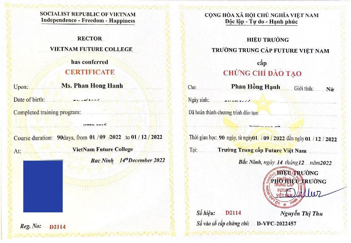 Chứng chỉ đào tạo Trường Trung cấp Future Việt Nam cấp cho Phan Hồng Hạnh, hoàn thành khóa học 90 ngày.