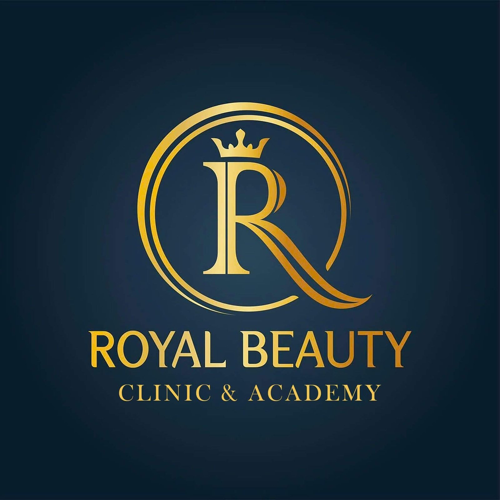 Logo Royal Beauty Clinic & Academy với chữ R vàng và vương miện trên nền xanh đậm.