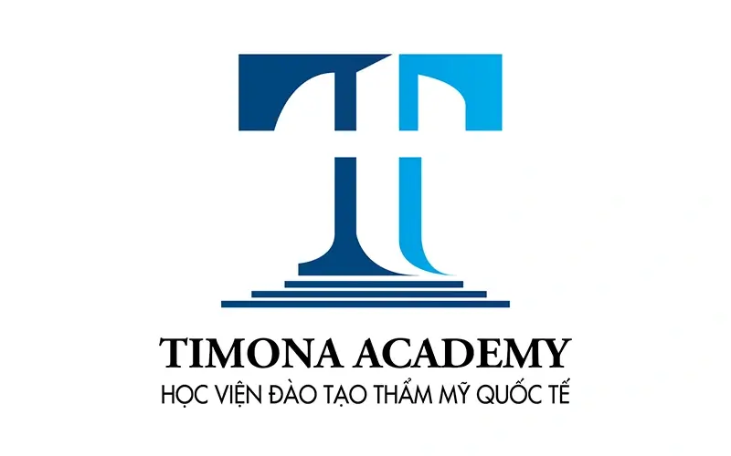 Logo Học viện Timona Academy, đào tạo thẩm mỹ quốc tế với biểu tượng chữ T cách điệu màu xanh.