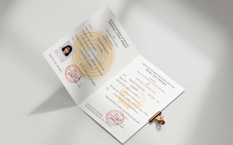 Giấy chứng nhận với ảnh cá nhân và dấu đỏ, đặt trên nền sáng và ghim kẹp bên phải.