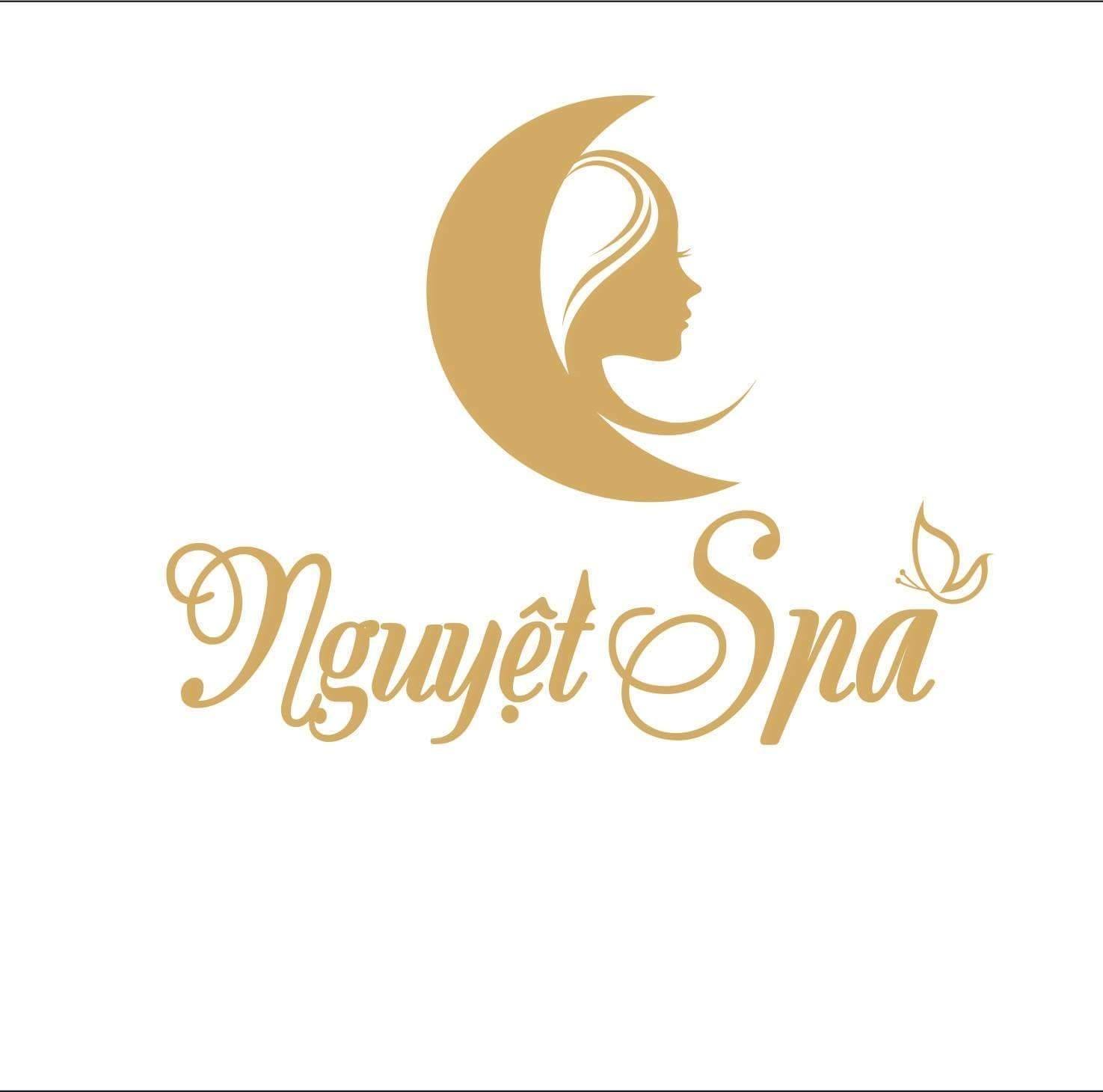 Logo Nguyệt Spa: hình mặt trăng và cô gái, chữ nghệ thuật vàng trên nền trắng, mang phong cách thanh lịch.