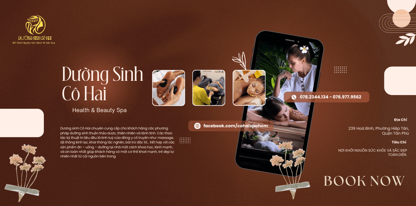Quảng cáo spa Dưỡng Sinh Cô Hai với các dịch vụ thư giãn và chăm sóc sức khỏe tự nhiên.