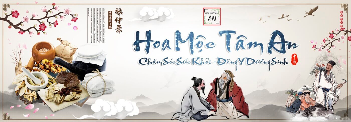 Tranh Đông Y dược liệu Hoa Mộc Tâm An với hình ảnh thảo dược và nhân vật cổ trang.