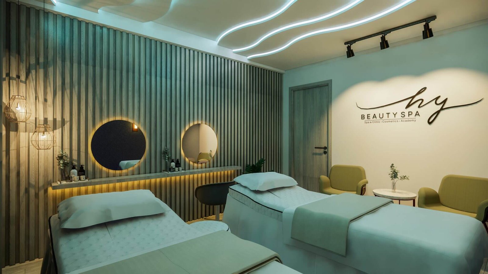 Phòng spa hiện đại với giường massage, ánh sáng dịu và nội thất sang trọng tại HY Beauty Spa.