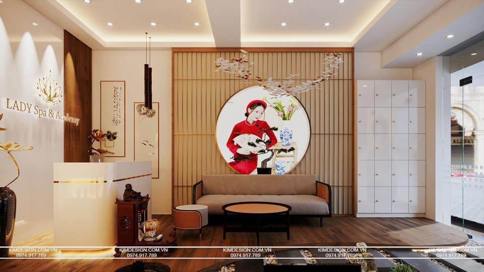 Phòng tiếp khách spa hiện đại với tranh treo tường truyền thống, nội thất sang trọng và ánh sáng tự nhiên.