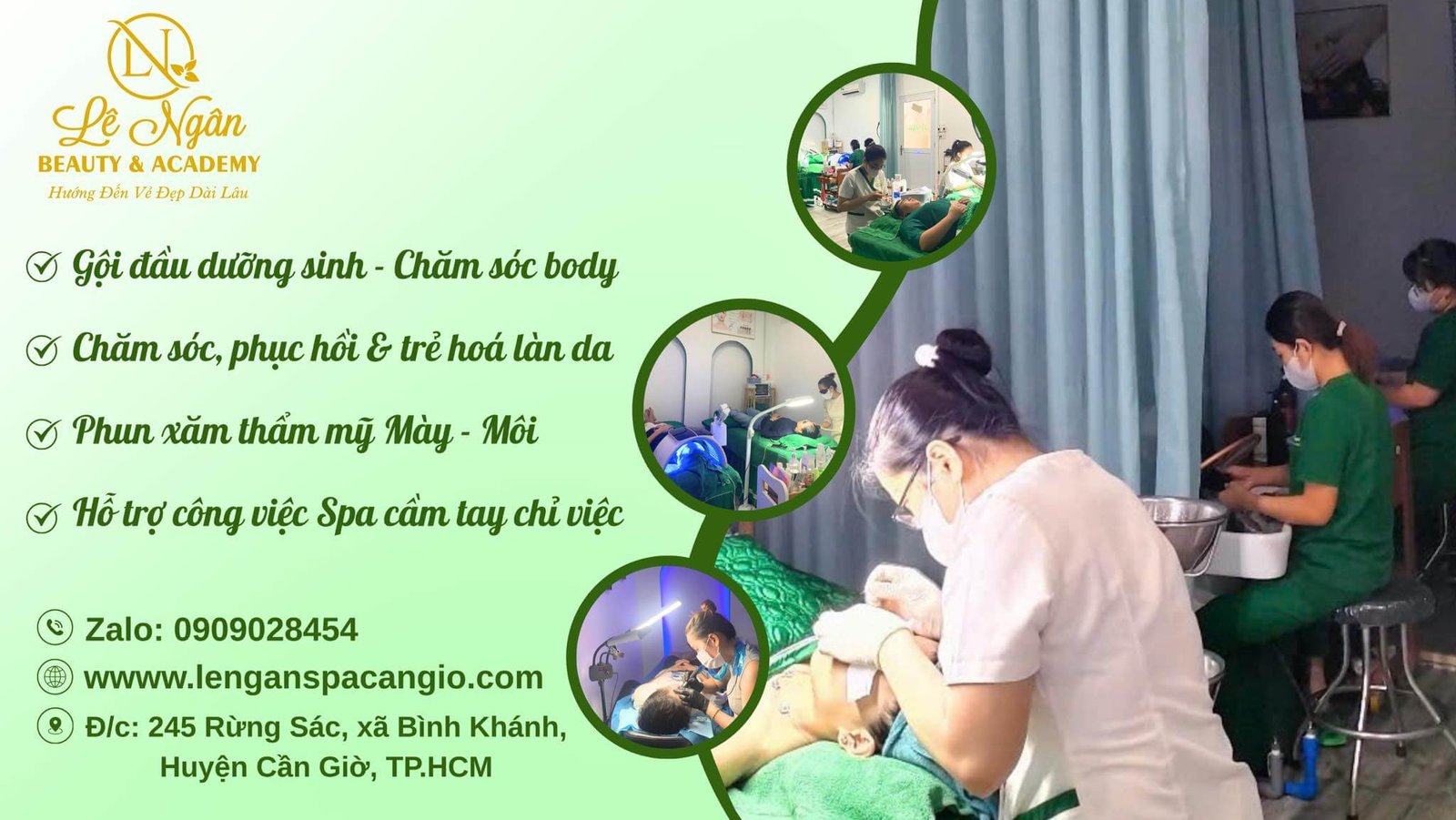 Spa Lê Ngân: Dịch vụ chăm sóc tóc, da, phun xăm thẩm mỹ. Địa chỉ Cần Giờ, TP.HCM, hotline 0909028454.