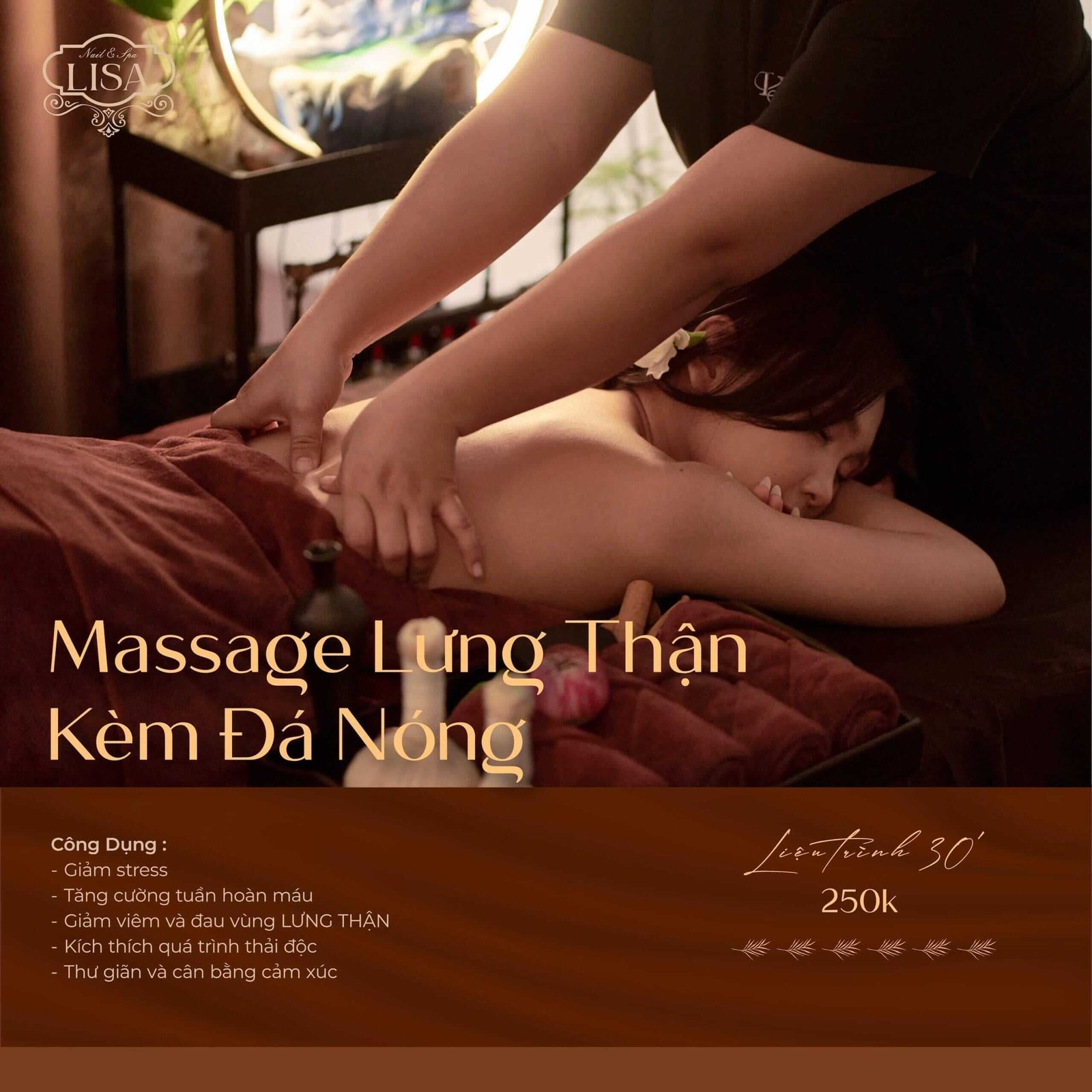 Người phụ nữ thư giãn với dịch vụ massage lưng thận kèm đá nóng tại spa, giúp giảm stress và tăng cảm giác thoải mái.