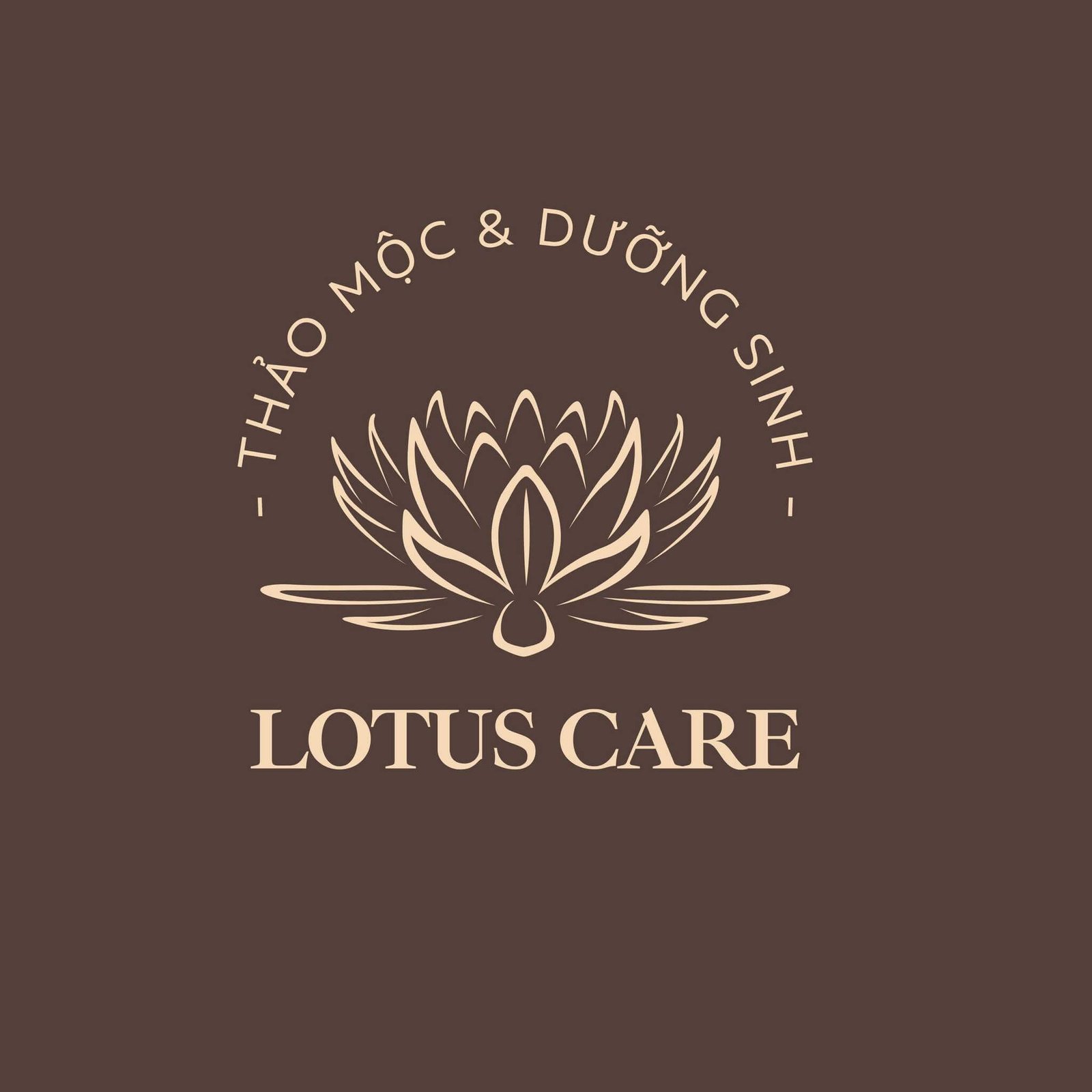 Logo Lotus Care với hoa sen, chữ Thảo Mộc & Dưỡng Sinh nổi bật trên nền nâu.