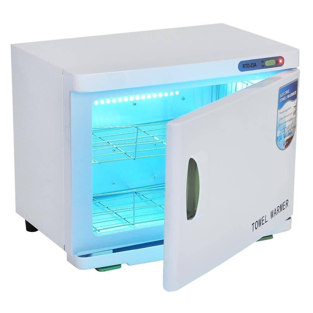 Máy hâm nóng khăn với thiết kế cửa mở bên phải, ánh sáng xanh bên trong.