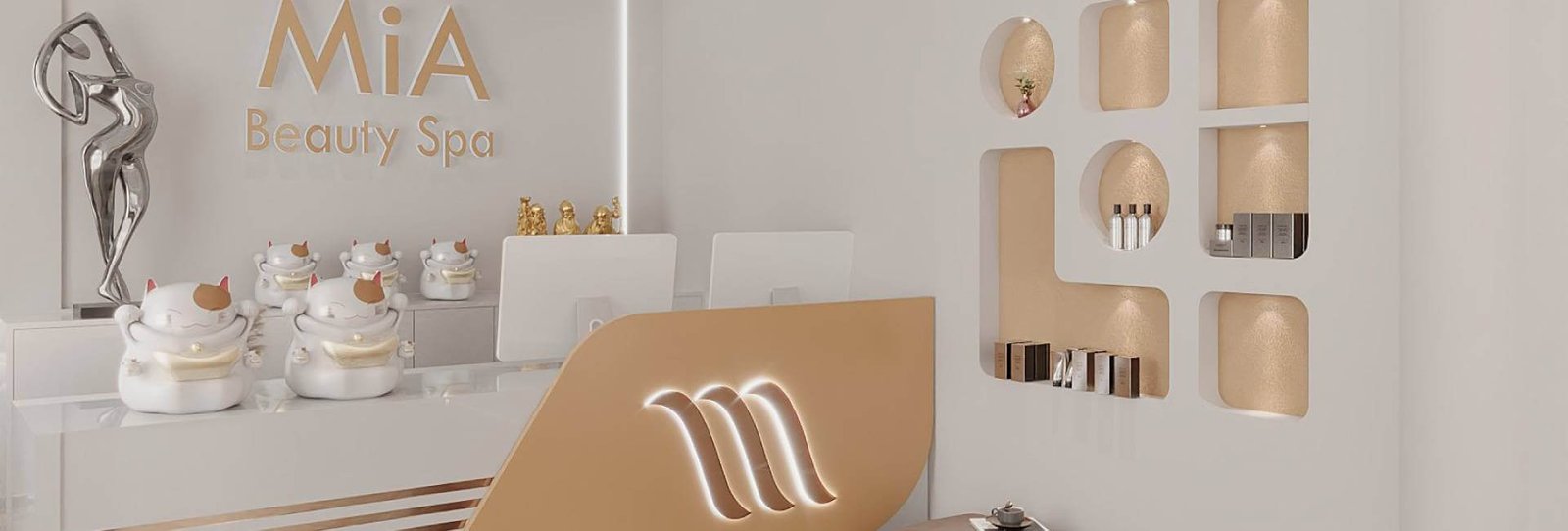 Nội thất hiện đại của Mia Beauty Spa với tượng nghệ thuật và kệ trưng bày sản phẩm chăm sóc sắc đẹp.