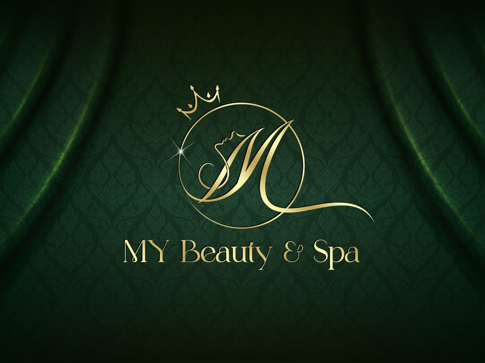 Logo MY Beauty & Spa, nền xanh lá, chữ vàng, vương miện tinh tế.
