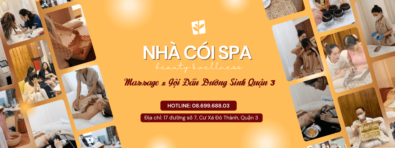 Biển hiệu Nhà Còi Spa, Quận 3 với dịch vụ massage thư giãn, chăm sóc sức khỏe và làm đẹp.