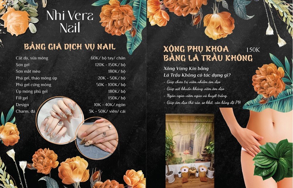 Bảng giá dịch vụ nail và xông phụ khoa tại Nhi Vera Nail với hình ảnh hoa cam trang trí.