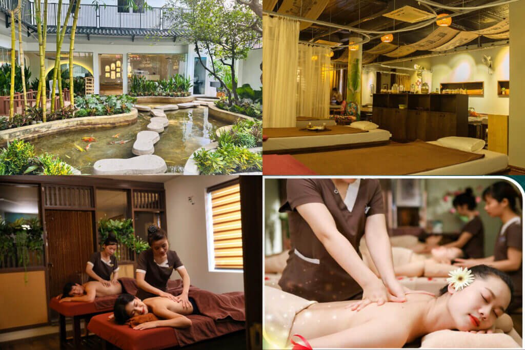 Spa thư giãn với hồ cá ngoài trời và dịch vụ massage chuyên nghiệp, mang đến trải nghiệm thoải mái và thư thái.
