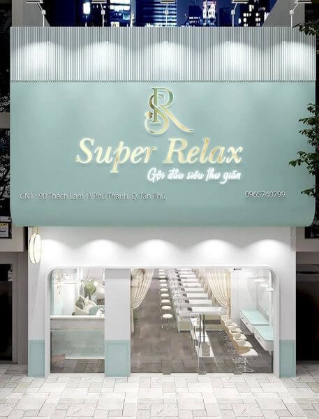 Tiệm Super Relax trên đường Thạch Lam, Q. Tân Phú, thiết kế hiện đại với ánh sáng dịu nhẹ vào ban đêm.