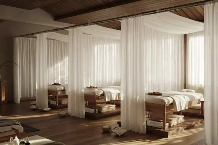 Phòng massage sang trọng với giường và rèm trắng tạo không gian thư giãn, ánh sáng tự nhiên chan hòa.