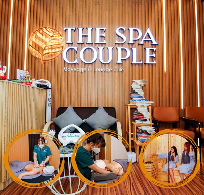 Khu vực tiếp khách sang trọng của The Spa Couple với dịch vụ massage thư giãn, sách và ghế thoải mái.
