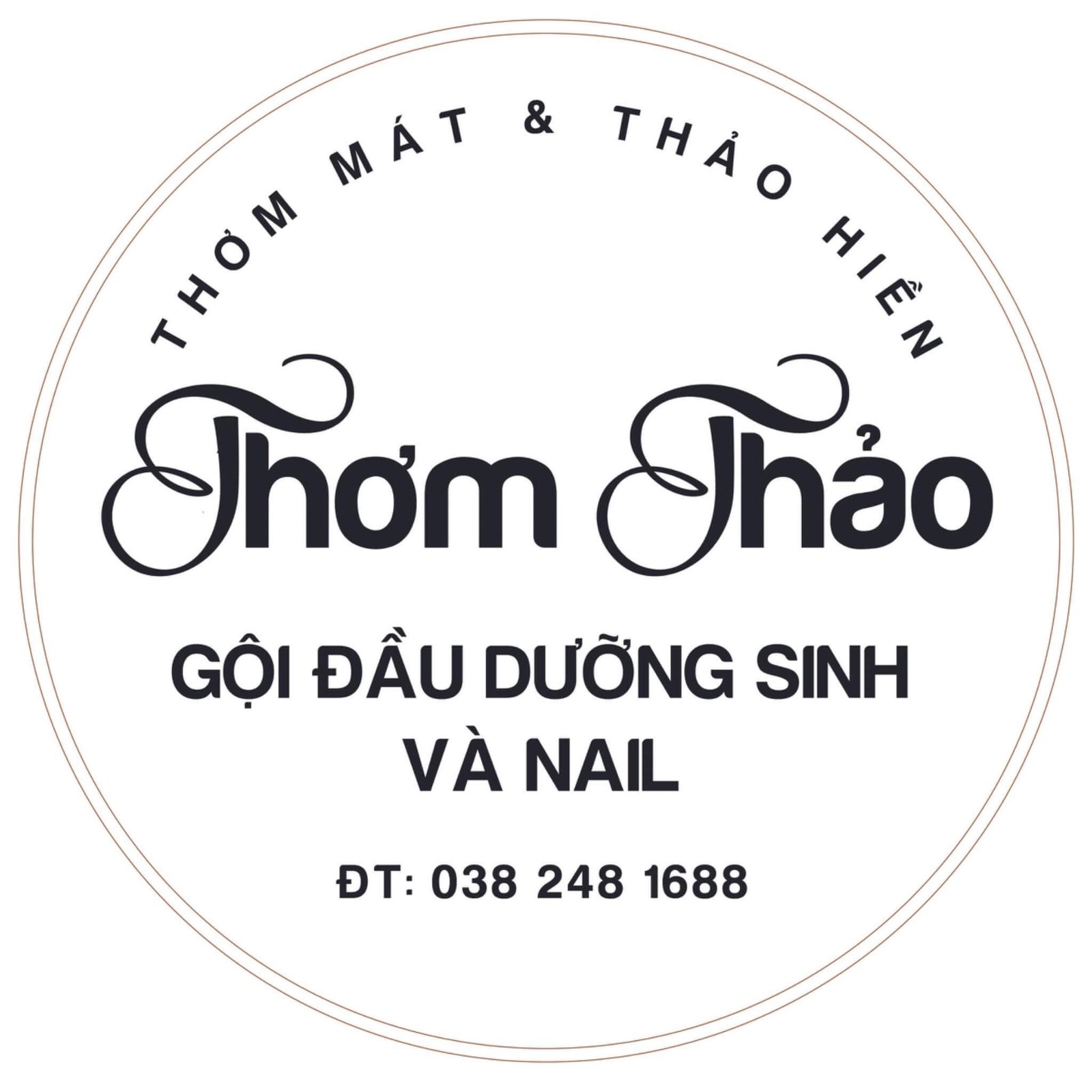 Biển hiệu Thơm Thảo, dịch vụ gội đầu dưỡng sinh và nail, SĐT: 038 248 1688.