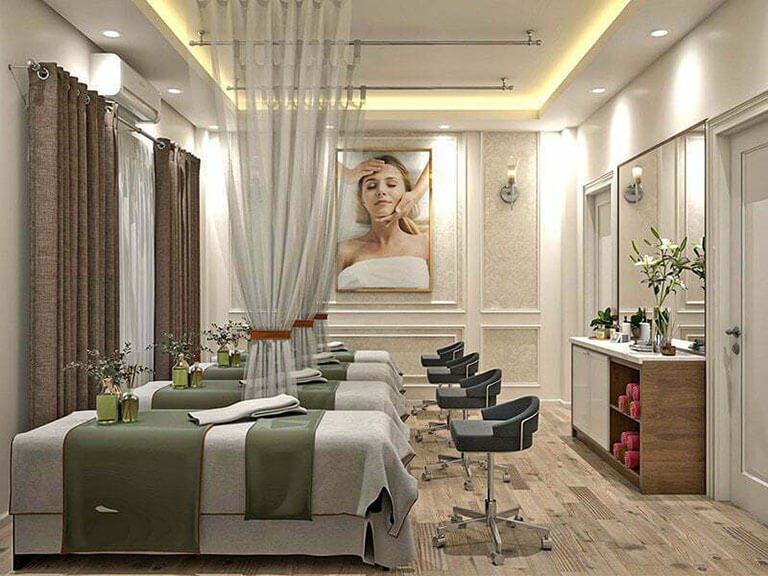 Phòng spa sang trọng với giường massage, khung cảnh ấm cúng và ánh sáng dịu nhẹ.