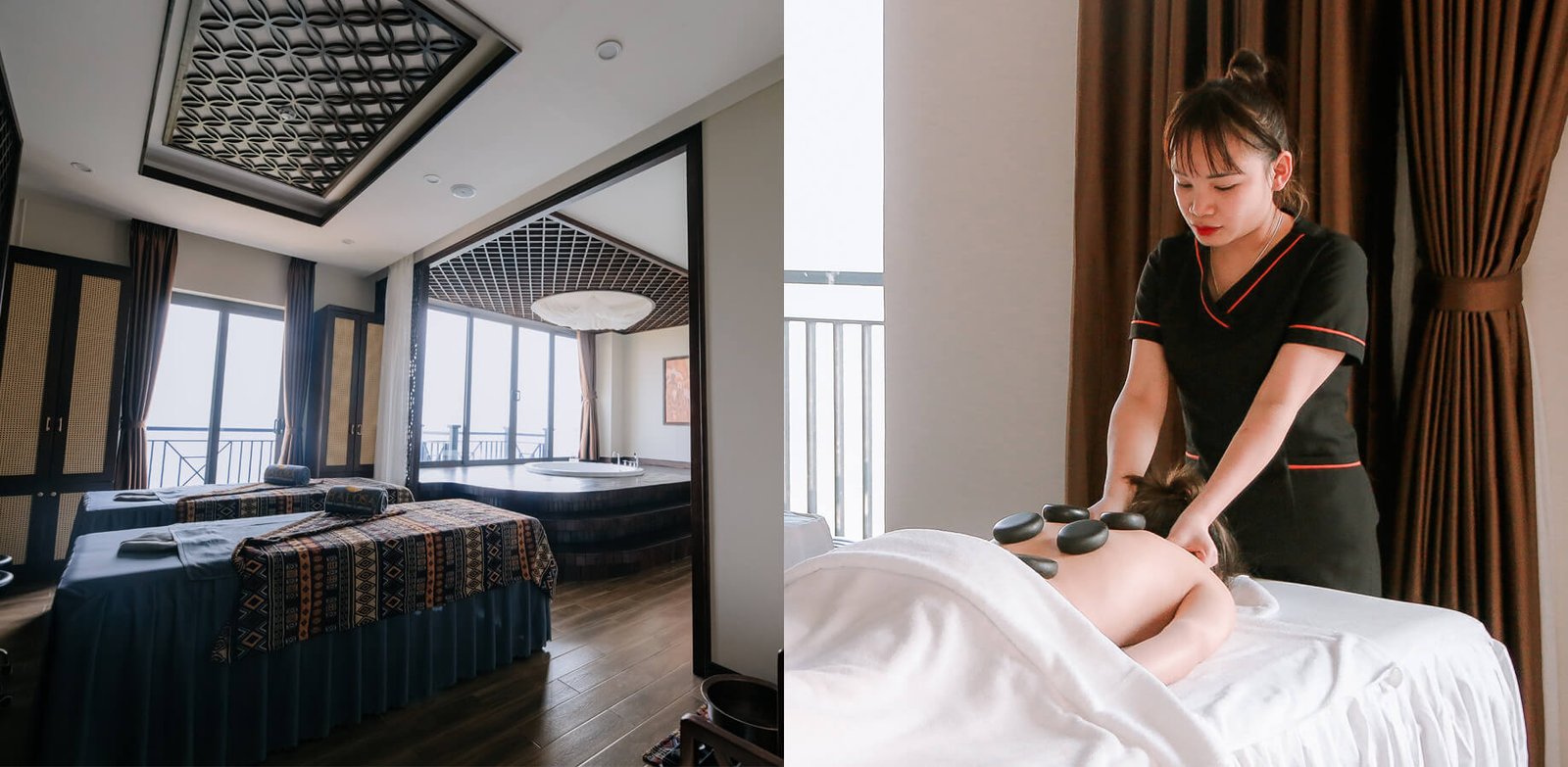 Phòng spa thư giãn với ghế massage chuyên nghiệp và trị liệu viên thực hiện massage đá nóng.