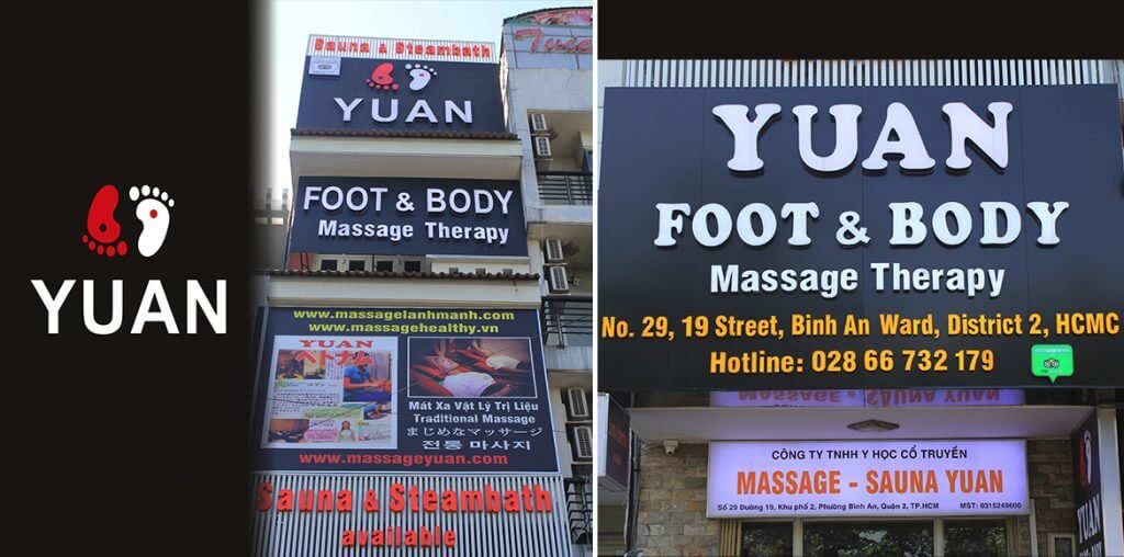 Biển hiệu massage chân và cơ thể Yuan tại Quận 2, TP.HCM với số điện thoại và địa chỉ liên hệ.