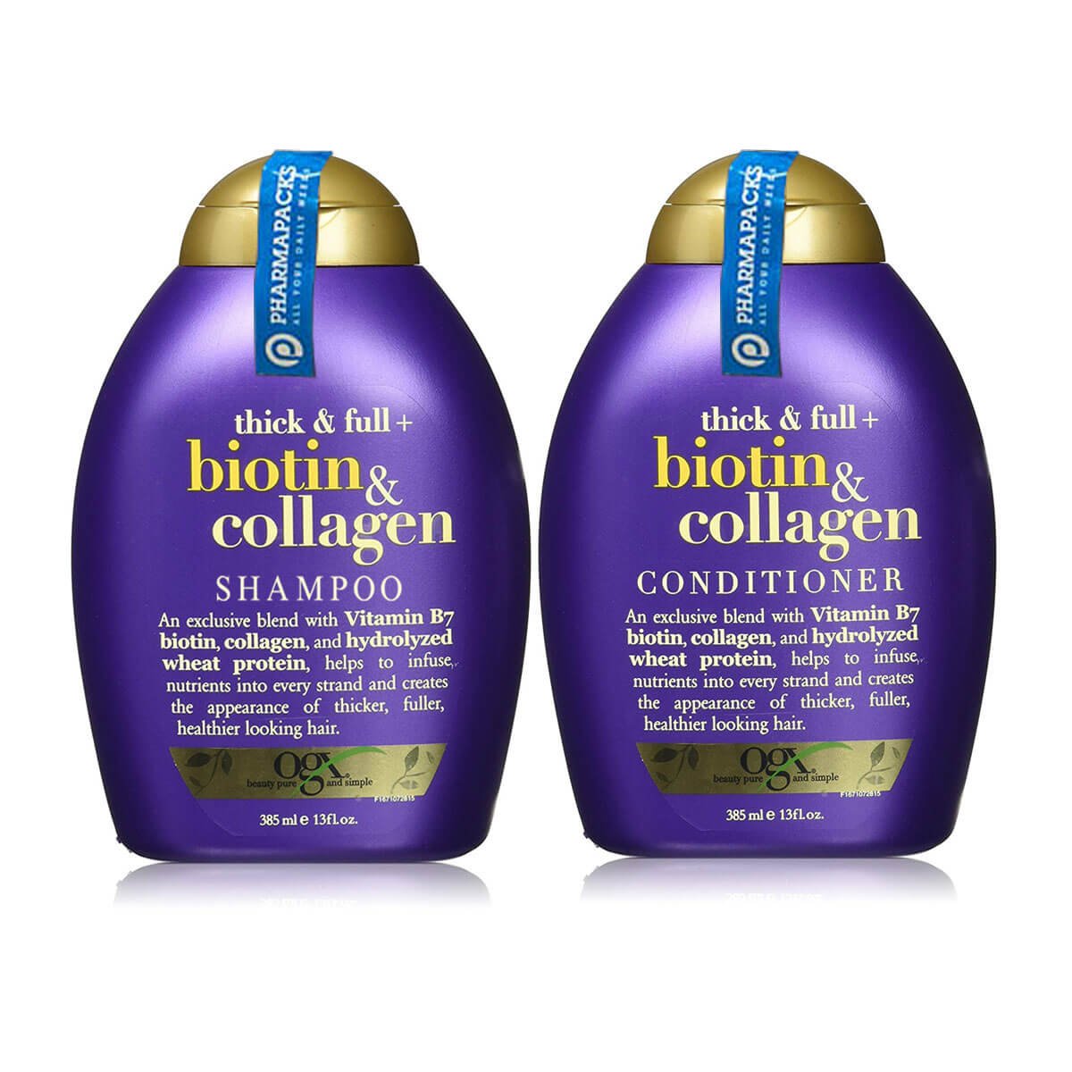 Hai chai dầu gội và dầu xả màu tím, nhãn hiệu in chữ "biotin & collagen."