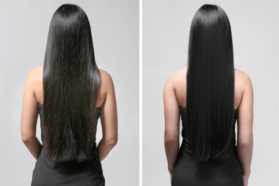 Hình ảnh so sánh trước và sau khi làm tóc, với tóc dài thẳng mượt và bóng hơn.