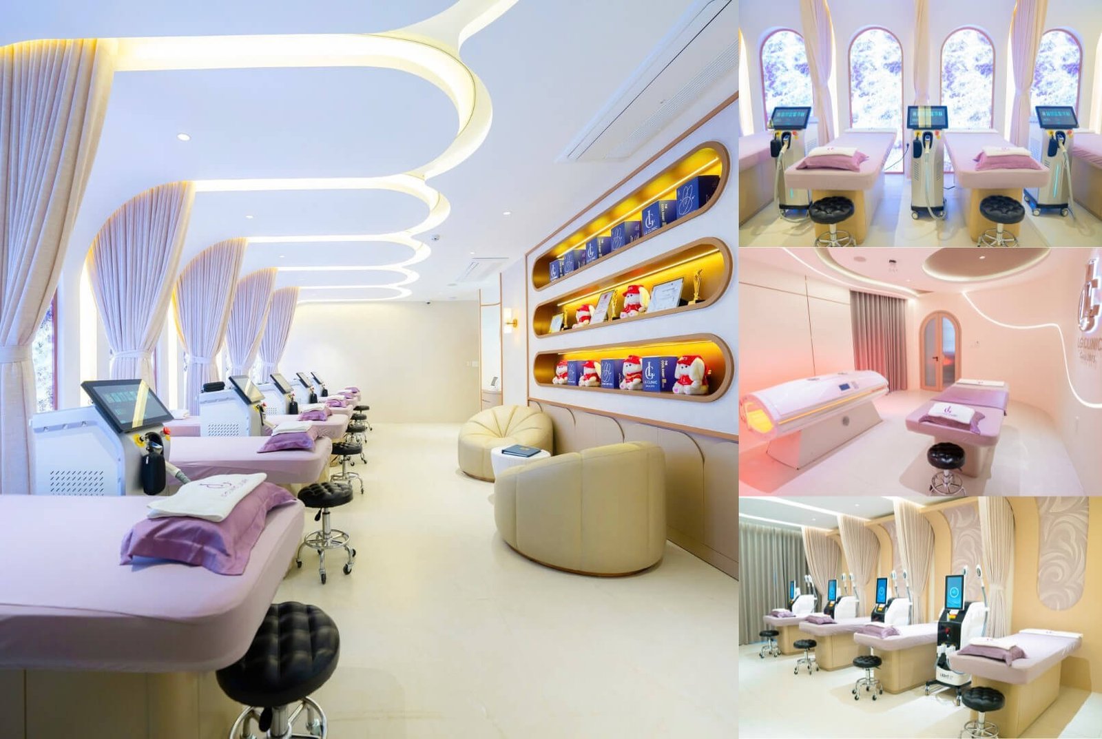 Phòng spa hiện đại với giường trị liệu, ghế da và thiết bị thẩm mỹ. Không gian sáng tạo và tinh tế.