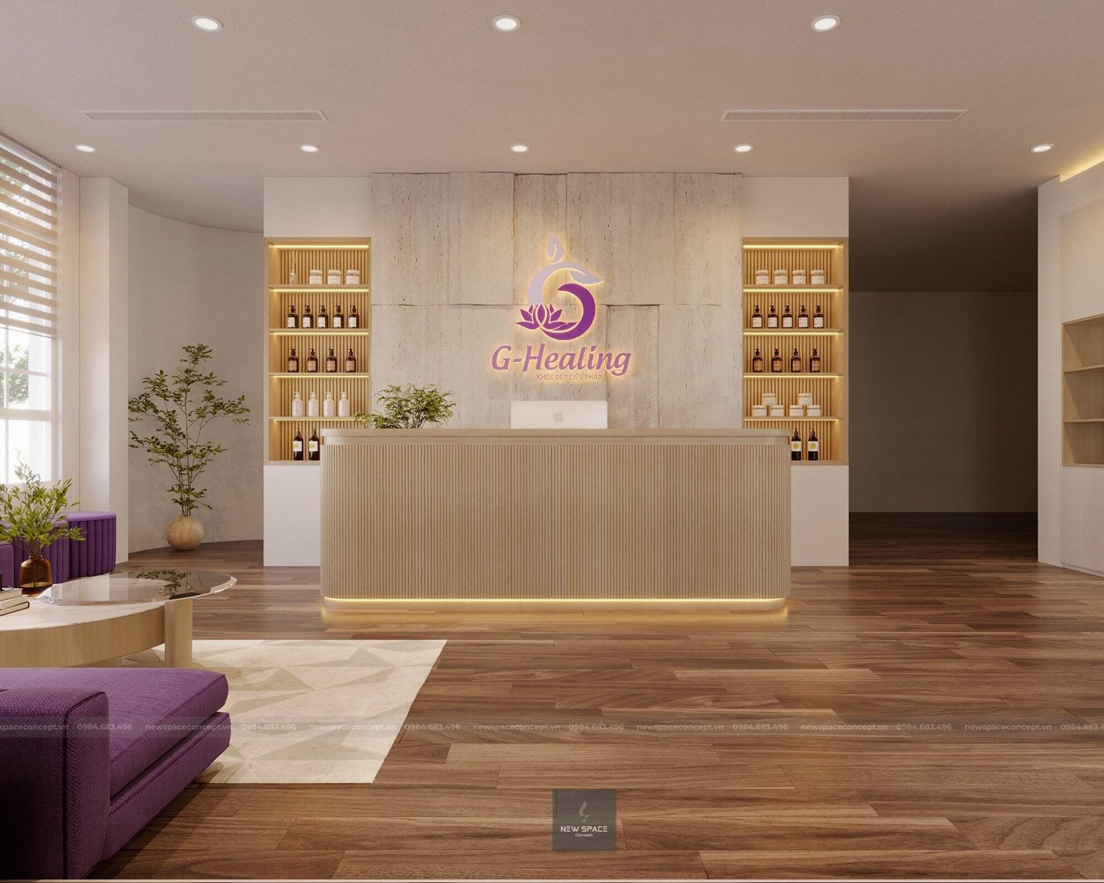 Nội thất phòng trị liệu với quầy lễ tân và thiết kế gỗ hiện đại, logo G-Healing nổi bật trên tường.