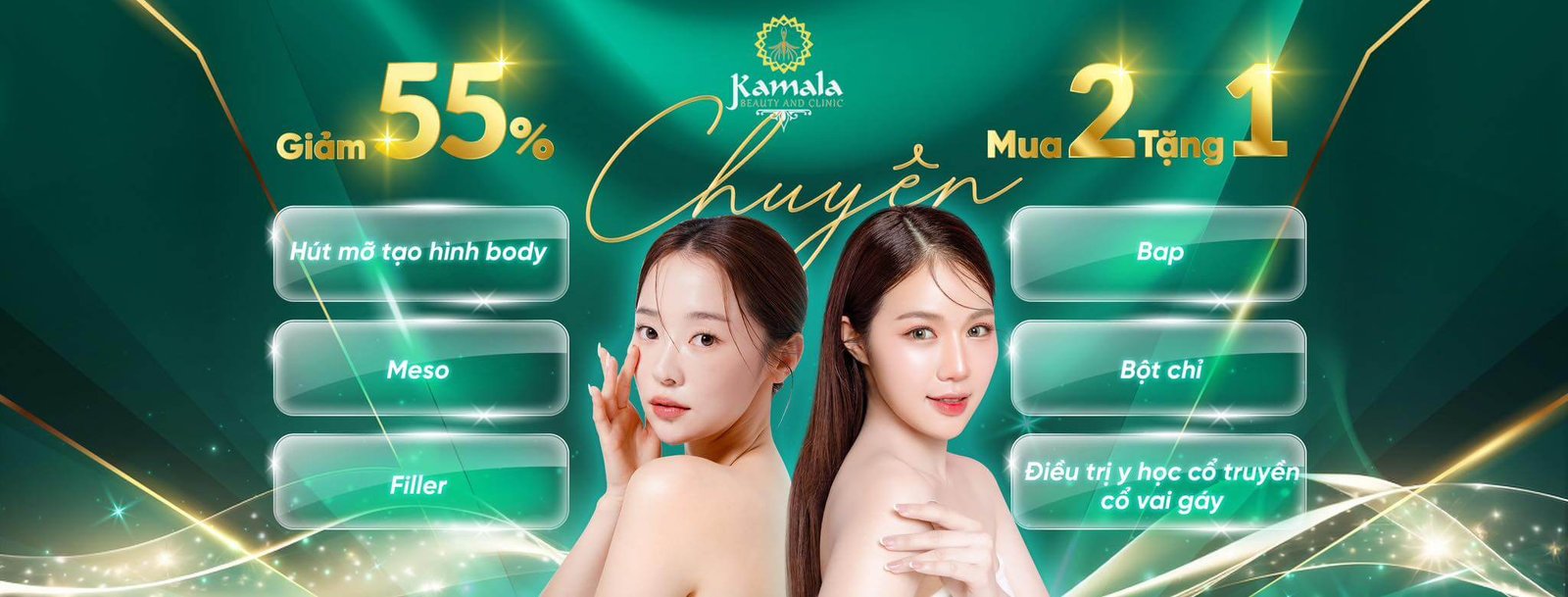 Khuyến mãi thẩm mỹ Kamala: Giảm 55% dịch vụ làm đẹp, mua 2 tặng 1, bao gồm hút mỡ, meso, filler.