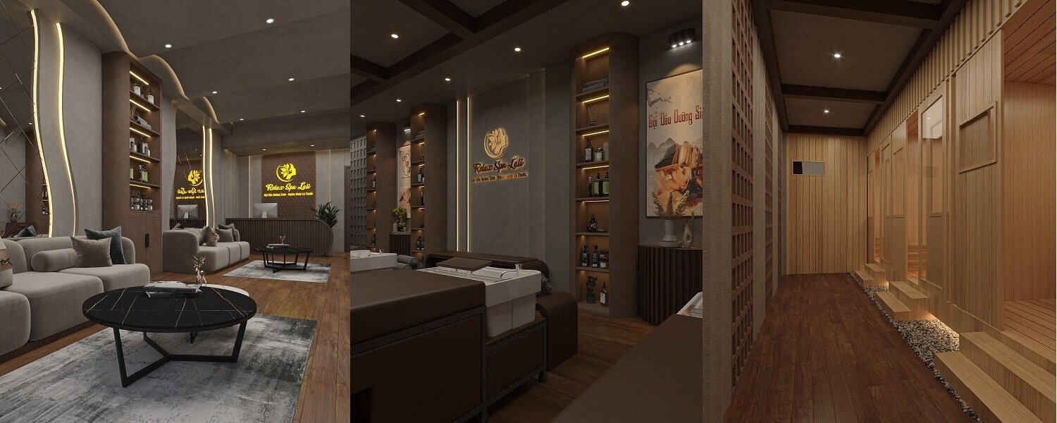 Nội thất sang trọng với ghế sofa, bàn tròn và khu vực thư giãn bằng gỗ trong không gian hiện đại.