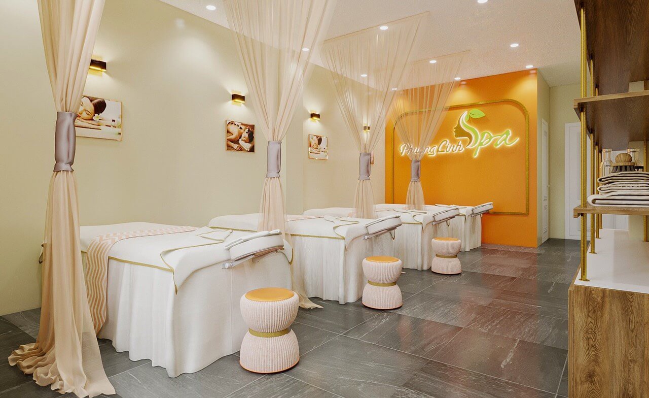 Phòng trị liệu spa hiện đại với giường massage được trang trí tinh tế, tạo không gian thư giãn thoải mái.