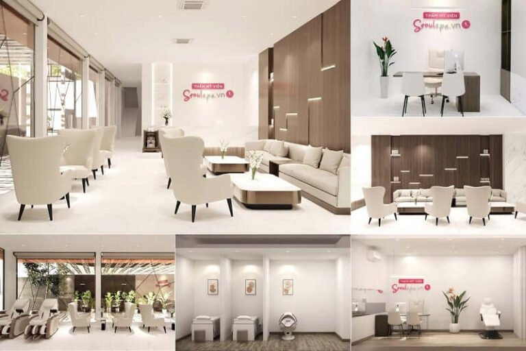 Nội thất sang trọng của spa với tông màu trắng và nâu, không gian thoải mái, ghế salon và trang trí hiện đại.