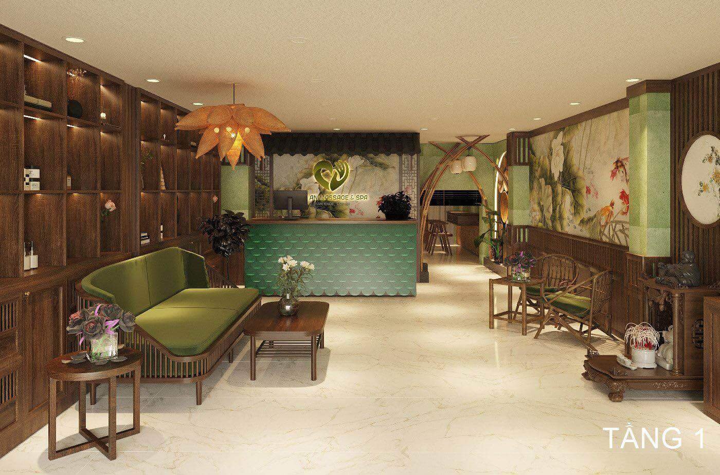 Spa thư giãn với nội thất gỗ, ghế sofa xanh lá và bàn tiếp tân đèn trang trí tinh tế, tạo không gian ấm cúng.
