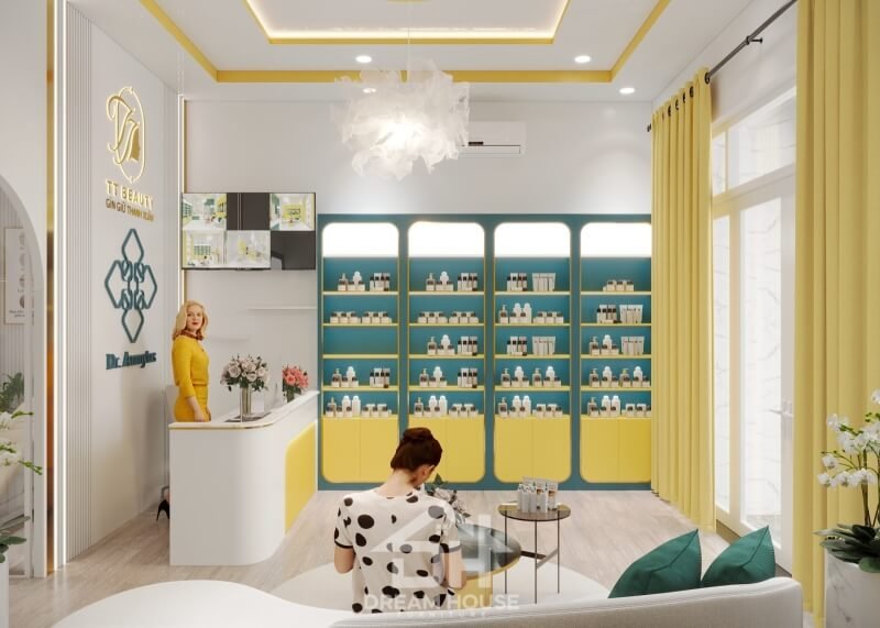 Không gian cửa hàng mỹ phẩm với thiết kế hiện đại và sản phẩm trưng bày trên kệ xanh vàng.