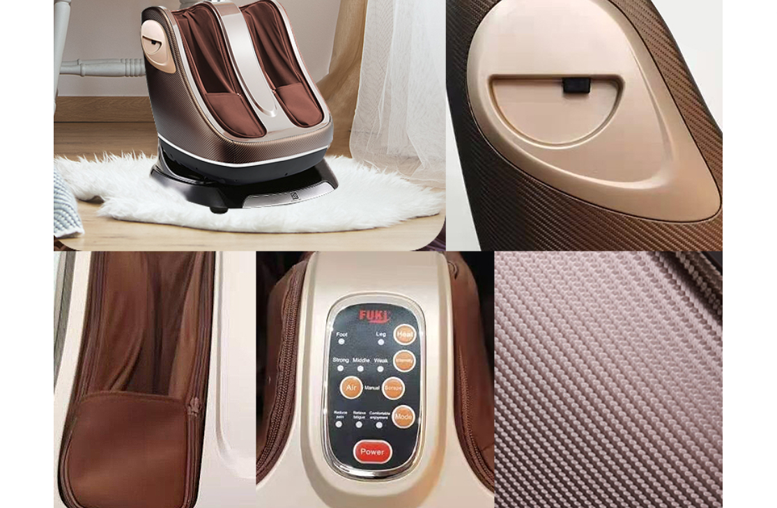 Máy massage chân màu nâu, với bảng điều khiển nút bấm và chất liệu vải lưới chi tiết.