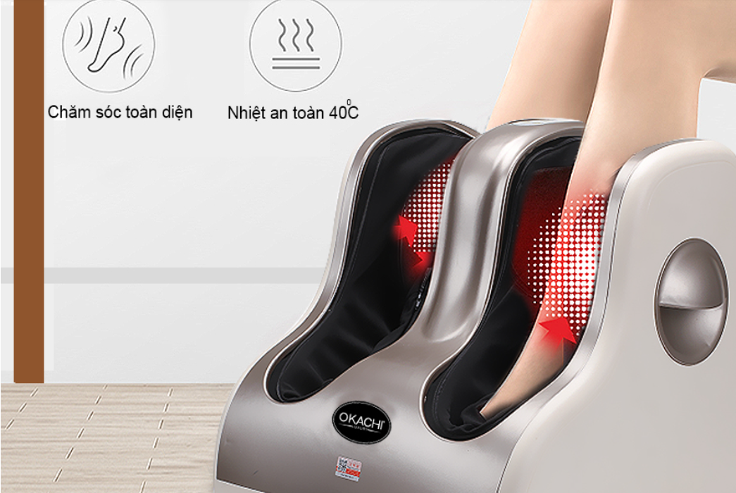Thiết bị massage chân với chức năng nhiệt, hai chân được đặt trong máy, có biểu tượng và thông tin tính năng.