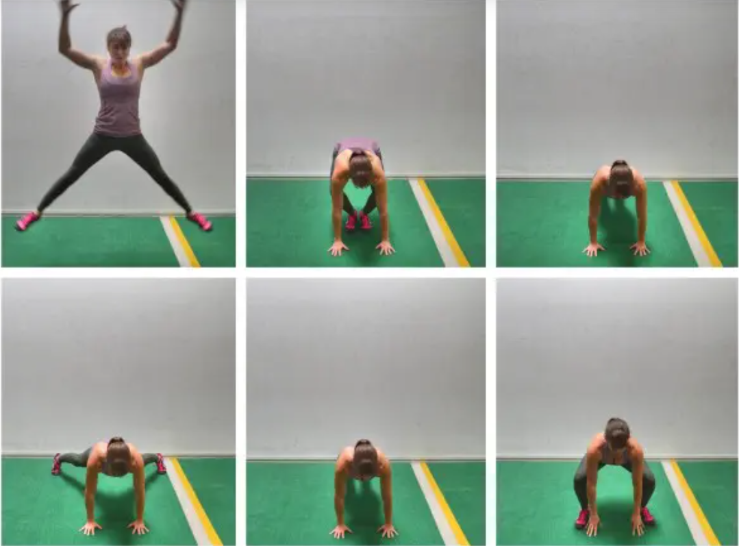 Người tập thể dục thực hiện động tác burpee trên sàn nhà màu xanh lá, chia thành sáu khung hình liên tiếp.