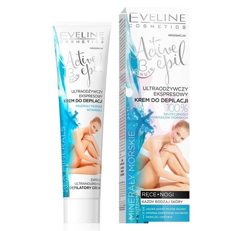 Tuýp và hộp kem tẩy lông Eveline Active Epil với hình ảnh người mẫu và thông tin sản phẩm trên bao bì.
