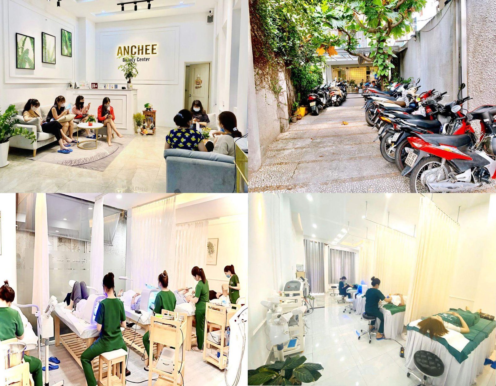 Phòng chờ thẩm mỹ viện, bãi đậu xe máy, khu chăm sóc sắc đẹp với nhân viên và khách hàng.